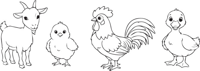 Fototapeta premium Black and White Outline Drawing of Farm Animals Goat Chick Rooster Duck cartoon illustration