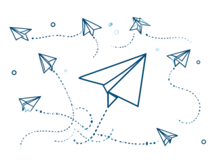 Paper airplane. Outline flying planes from different angles and direction with dotted track, travel or message symbols, linear vector set. Curved route with aircraft for mail delivery