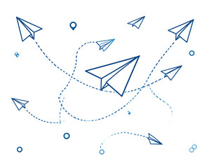 Paper airplane. Outline flying planes from different angles and direction with dotted track, travel or message symbols, linear vector set. Curved route with aircraft for mail delivery