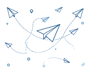Paper airplane. Outline flying planes from different angles and direction with dotted track, travel or message symbols, linear vector set. Curved route with aircraft for mail delivery