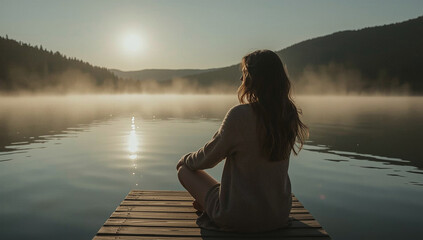 A woman sits peacefully on a wooden dock, gazing at the sunrise over a misty lake surrounded by forested hills.