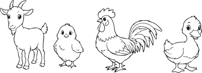 Fototapeta premium Cartoon Farm Animals Line Art on White Background Goat Chick Rooster Duck illustration