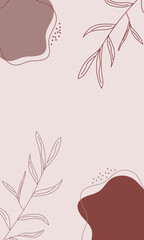 Minimalist botanical abstract background with elegant line art leaves and organic shapes in pastel colors. Perfect for invitations, posters, branding, and social media design