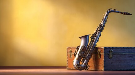 Naklejka premium A brass saxophone leans on a wooden chest against a yellow wall