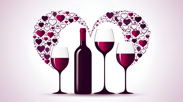 Wine, bottle, glass and drinks shaped in heart vector illustration. Drinks and wine vector template for wine lovers