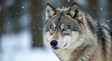 Fototapeta premium Close-up of a wolf in a snowy forest. Bright blue eyes, gray-tan fur, snowy backdrop