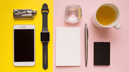 Flat lay of tech startup tools smartwatch smartphone notebook business goals pen and cup of tea clean aesthetic no hands
