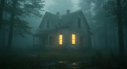A dilapidated house with glowing windows sits shrouded in a misty, eerie forest setting.