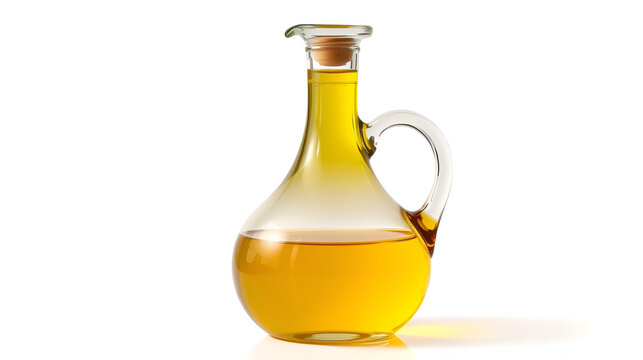 Elegant Glass Bottle Filled with Yellow Cooking Oil Isolated on White Background