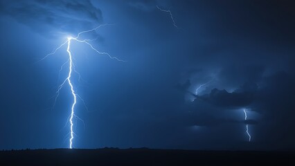 Dramatic lightning strike over a dark stormy landscape with electric blue flashes illuminating clouds.
