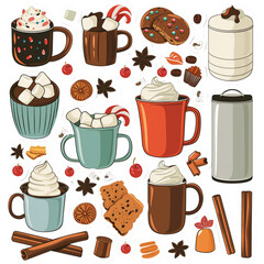 Cozy Winter Drinks with Marshmallows and Spices in Different Mugs