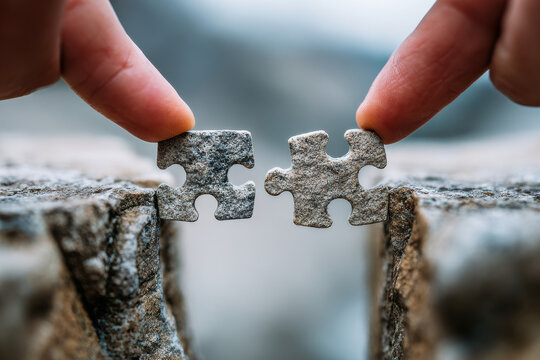Two people on opposite sides of a chasm trying to connect bridge puzzle pieces, visual metaphor for bridging the gap, collaboration, overcoming barriers