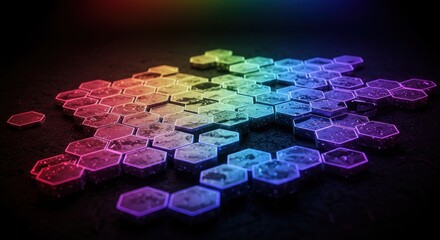 Abstract hexagonal pattern, vibrant rainbow colors, glowing, dark background