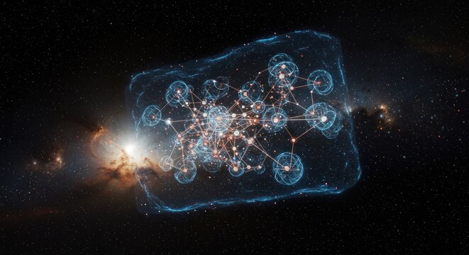 Abstract space network, translucent rectangular form with glowing connections, surrounded by nebulae