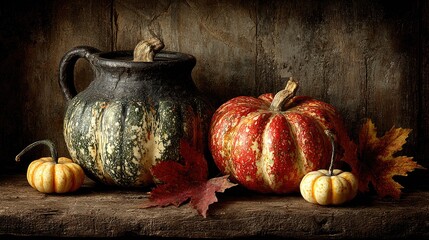 Rustic still life with gourds and pumpkins