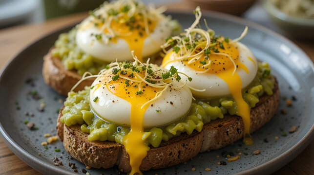 Poached eggs with avocado and sunflower sprout on sourdough toas