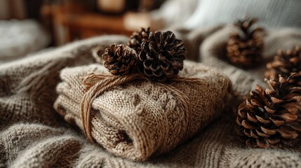Fototapeta premium Cozy knitted bundles with pine cones