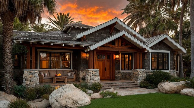 Inviting family home with a neat front yard and cozy porch, bathed in soft orange and pink hues of evening  
