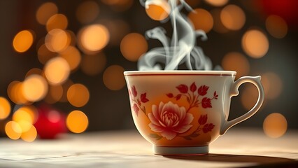 Fototapeta premium Porcelain teacup with peony motifs, steam rising as bokeh lights mimic festive fireworks.