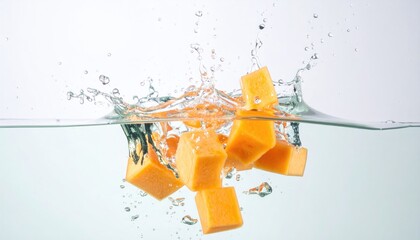 Vibrant Cubes in Aqueous Embrace: A collection of perfectly cut, orange cubes are captured in a dynamic moment as they plunge into a clear, transparent aquatic environment.