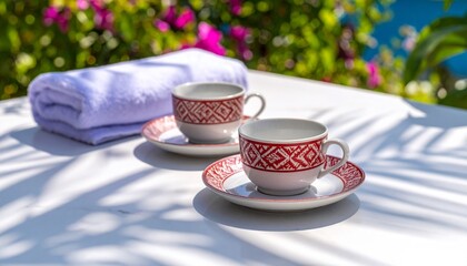 Relaxing morning coffee for two with elegant cups and a towel on a sunny table in a vibrant summer garden