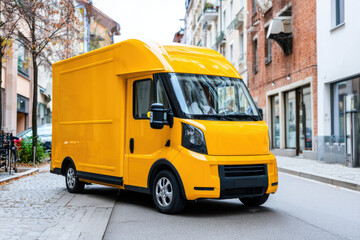 Electric delivery truck parked in residential area, courier delivering a package, example of eco-friendly urban goods transport