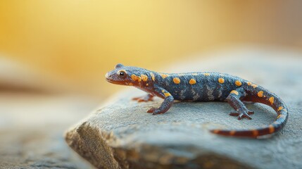 A newt grayblue with orange spots is posed on a rock with warm yellow and muted background elements