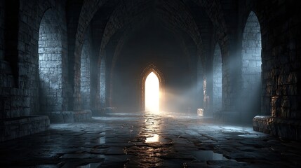 Stone hallway, sunlight through archway
