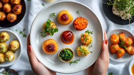 Colorful Assortment of Appetizers on White Plate with Sauces