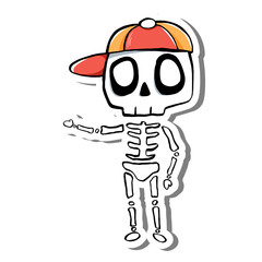 Cute hand-drawn illustration of a cartoon skeleton wearing a colorful cap. Perfect for Halloween designs, spooky-themed projects, party graphics, stickers, and playful decorations.