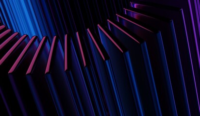 Fototapeta premium Black 3D background with abstract crystal pattern, glass chromatic cube block shapes render, neon light holographic gradient and blue purple caustic effect. 3D illustration