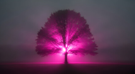 Obraz premium Illuminated botanical spectacle amidst the twilight, a radiant solitary tree casting a soft glow in the obscured landscape, captivating ethereal beauty and surreal enchantment