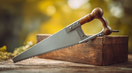A saw with a wooden handle rests atop a wooden box set against a blurred green and yellow background