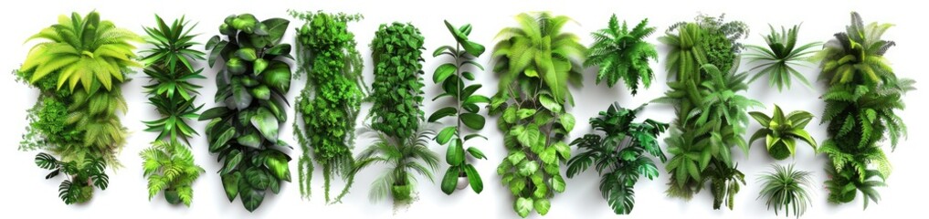 Set of green plants on a vertical garden wall with moss and fern leaves isolated on a white background as a cutout PNG