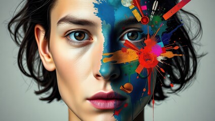 Close up of a woman's face with colorful paint splattered on one side of her face art portrait