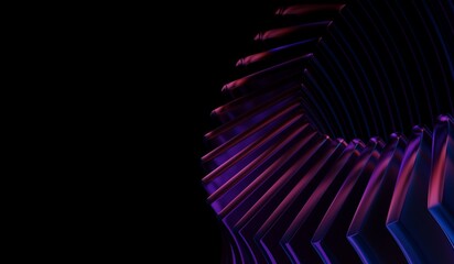 Blue purple caustic effect with neon light holographic gradient, black 3D background, and glass chromatic cube block shapes render. Abstract crystal pattern. 3D illustration