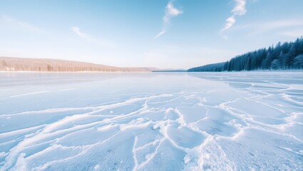 Obraz premium A frozen lake stretches to the horizon under a clear blue sky with trees lining the distant shores