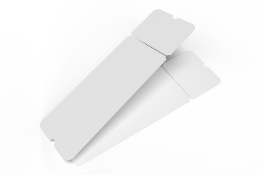 3D Realistic empty event tickets mockup isolated on background. Blank template for showcasing your ticket, train, raffle, carnival, concert, festival, lottery, coupon, theatre or airplane pass label.