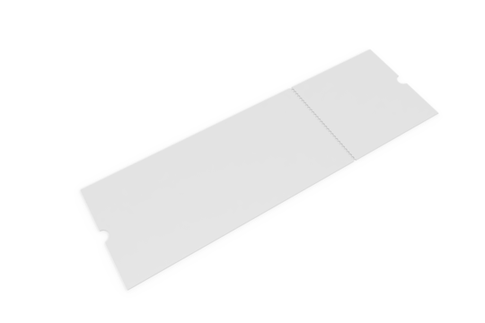 3D Realistic empty event tickets mockup isolated on background. Blank template for showcasing your ticket, train, raffle, carnival, concert, festival, lottery, coupon, theatre or airplane pass label.