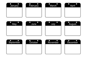 Yearly English calendar monochrome set　january, february, march, april, may, june, july, august, september, october, november, december