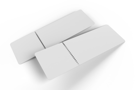 3D Realistic empty event tickets mockup isolated on background. Blank template for showcasing your ticket, train, raffle, carnival, concert, festival, lottery, coupon, theatre or airplane pass label.
