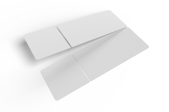 3D Realistic empty event tickets mockup isolated on background. Blank template for showcasing your ticket, train, raffle, carnival, concert, festival, lottery, coupon, theatre or airplane pass label.