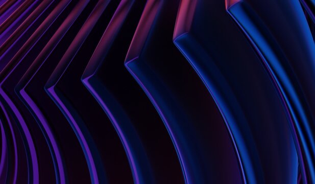 3D illustration of black 3D background, glass chromatic cube block shapes render, neon light holographic gradient, and abstract crystal pattern with blue purple caustic effect.