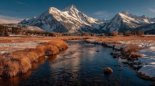 Late afternoon landscape showing shadows stretching across the fields of Silver Creek with a dramatic backdrop of sunlit Idaho mountains   