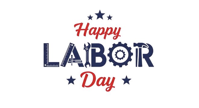 Happy labor day text with tools and stars, celebrating american workers and national holiday, isolated on white background