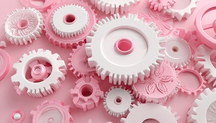 Pink and white gears intricately interlocked on a pink background