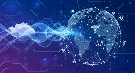 Obraz premium Global digital health network with cloud computing and medical icons.