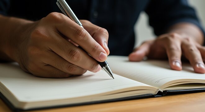 Close-up of a person's hands writing with a pen in a notebook