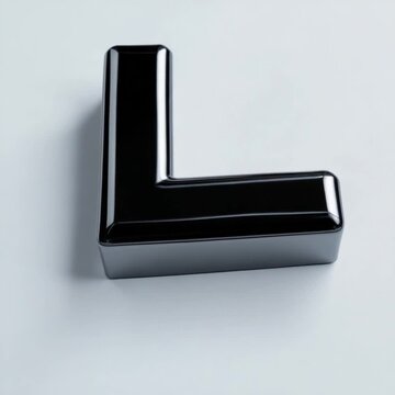 Glossy black 3D letter L on light background with copy space