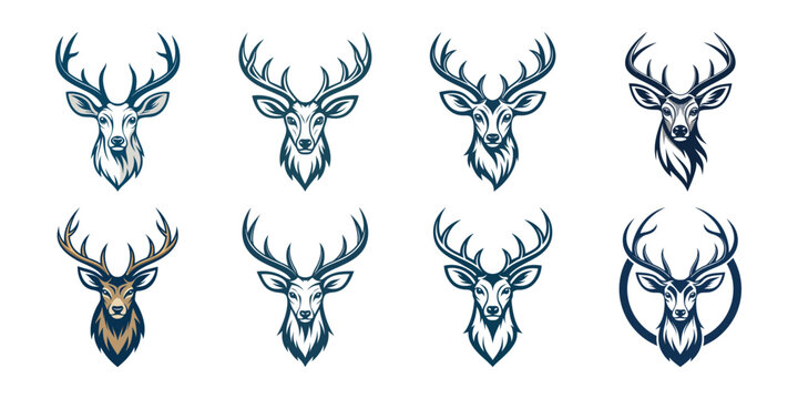 deer head silhouette vector collection with antlers isolated black hunting emblem design for badges tattoos and logos
